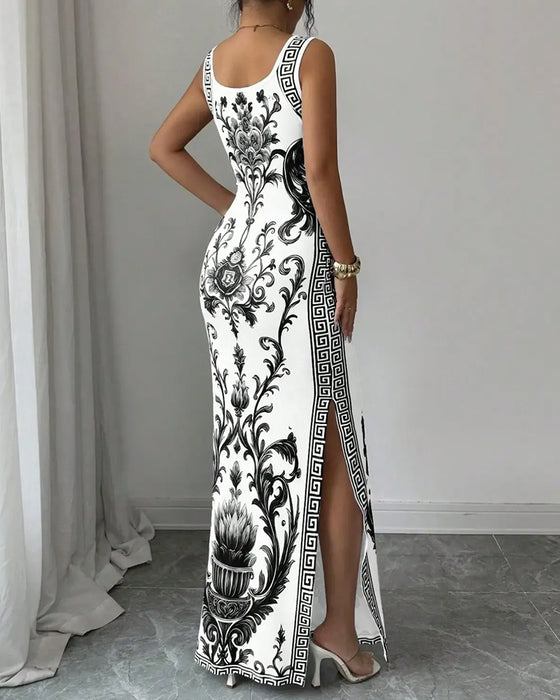 Robe Porcelaine Bleu-Blanc Sans Manches Fente Maxi