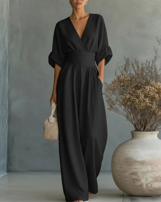 Jumpsuit Col V Croisé Cintré Jambe Large