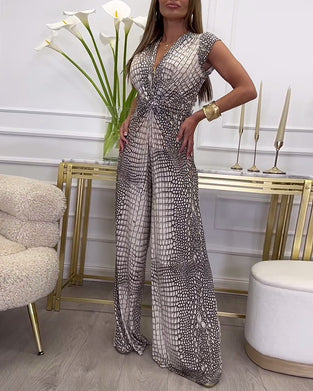 Combinaison sans manches imprimée torsadée en V profond