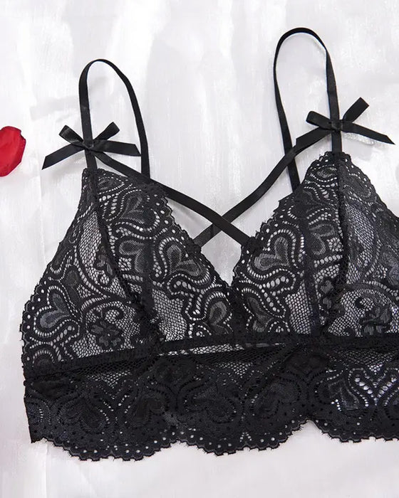 Ensemble De Lingerie Sexy – Bralette Ajourée Avec Nœud & Culotte Ouverte