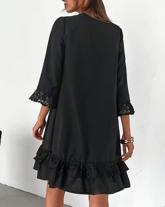 Robe Col Rond Manche Demi-Longue Dentelle Patchwork