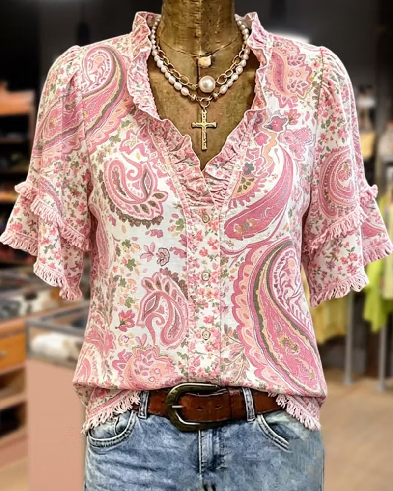 Blouse Décontractée Volantée Col V