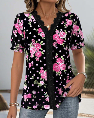 Blouse Col En V Manches Lanternes En Dentelle Imprimée