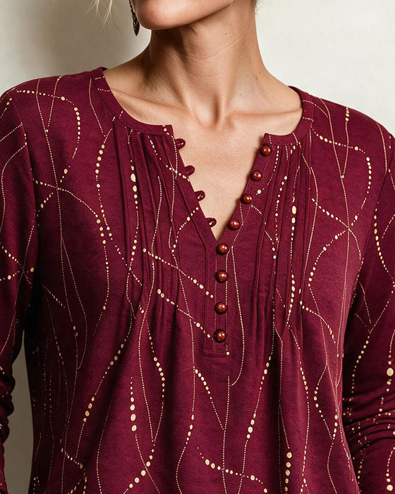 Blouse Col V Bouton Froncé Ligne
