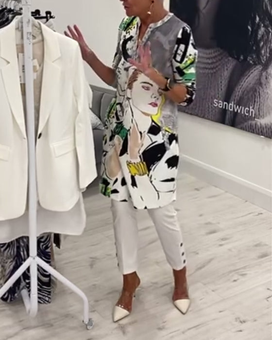 Haut long décontracté à boutons imprimés