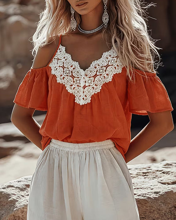 Blouse Dentelle Patchwork Off-Épaule