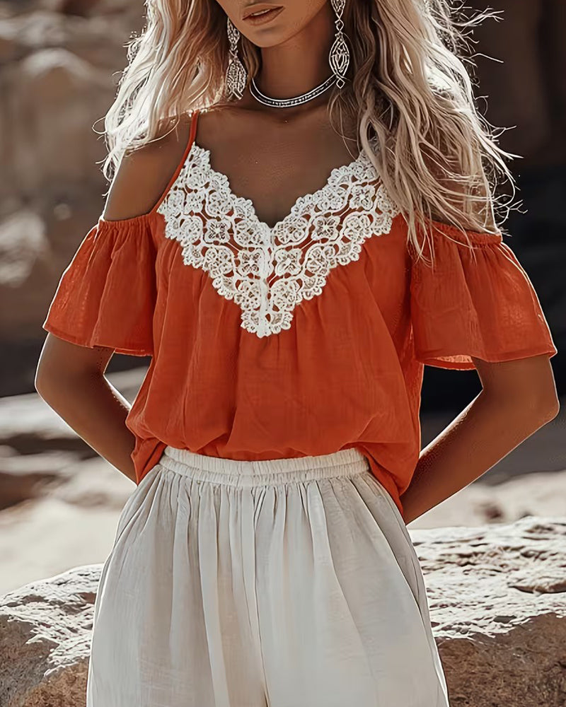 Blouse Dentelle Patchwork Off-Épaule
