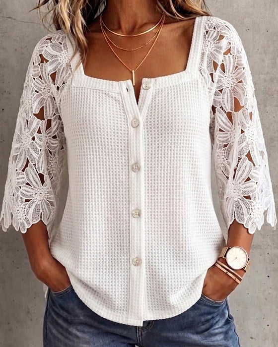 Blouse Dentelle Panneau Jersey Gaufré Bouton-Davant