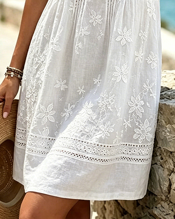 Robe Col Rond Sans Manches Dentelle Patchwork