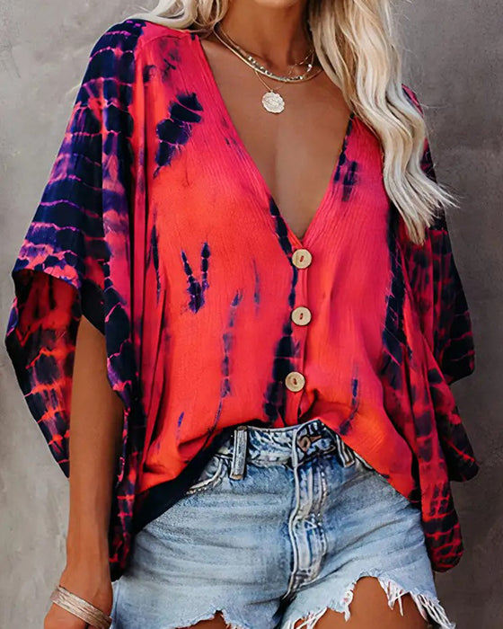 Blouse Col V Tie-Dye Décontractée