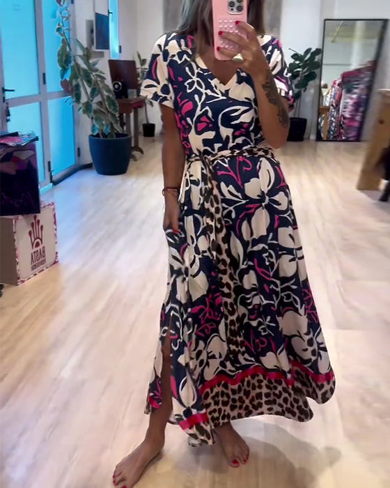 Robe Encolure V Ceinture Nouée Vacances