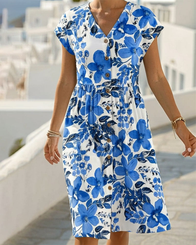 Robe Imprimé Floral Col V Manches Courtes