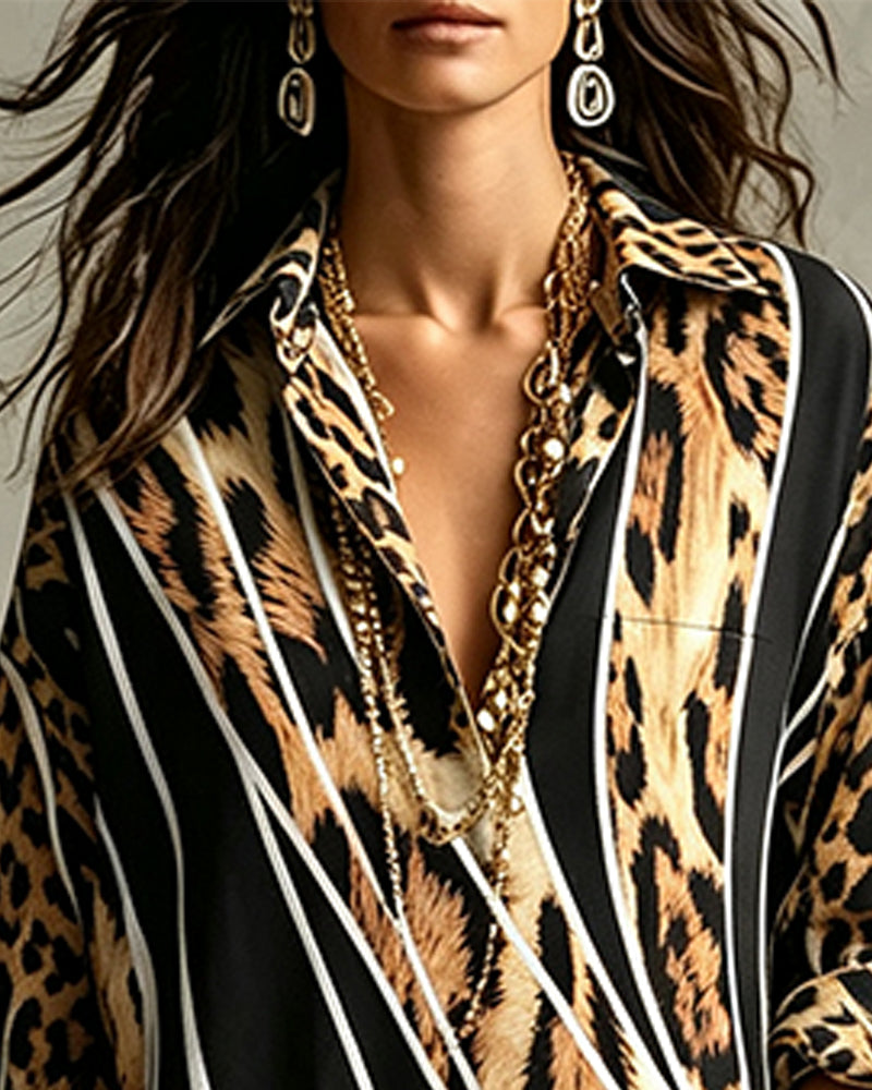 Robe Léopard Rayure Diagonale Revers