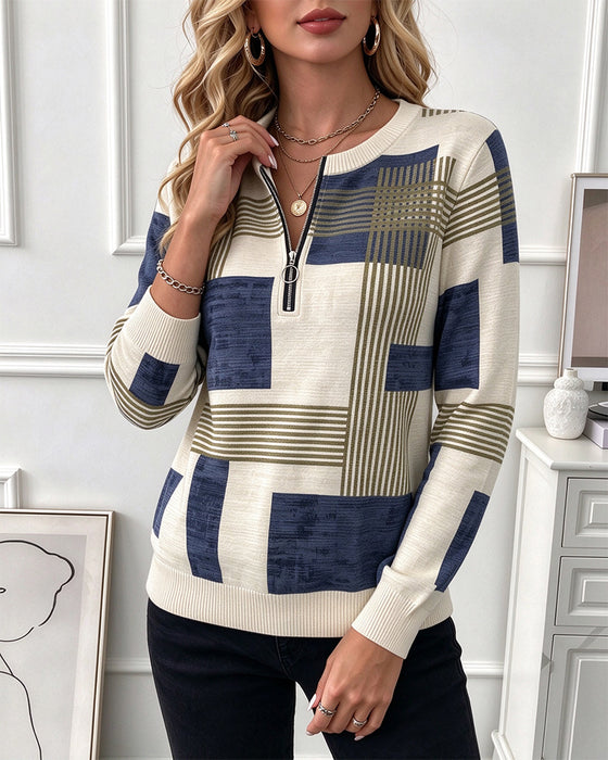 Sweat Col Rond Géométrique Demi-Zip Tricoté