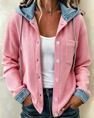 Manteau Capuche Nervuré Denim Patchwork Boutonné
