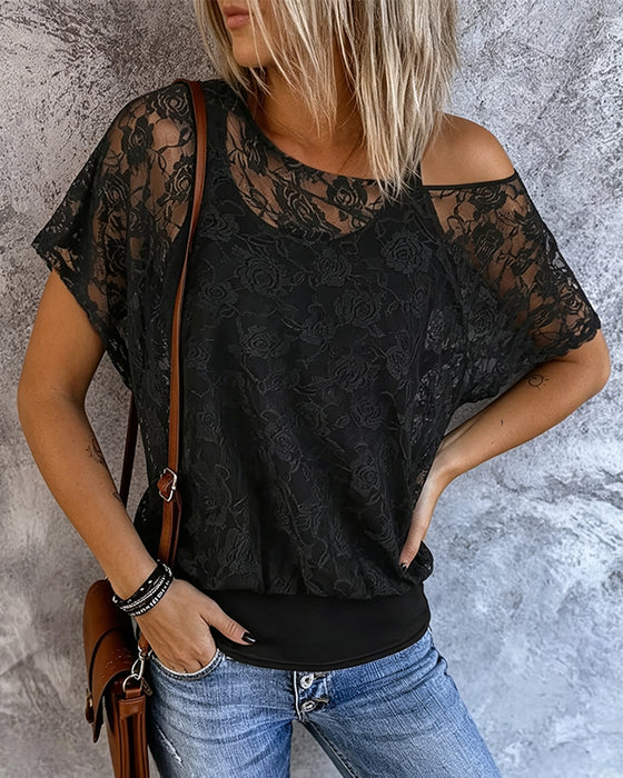 T-Shirt Off-Shoulder Dentelle Patchwork Bretelles