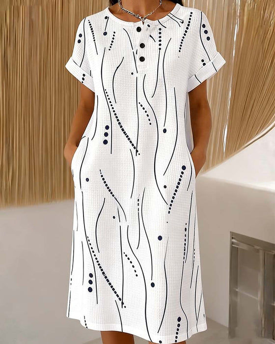 Robe Col Rond Bouton Ligne Gaufré