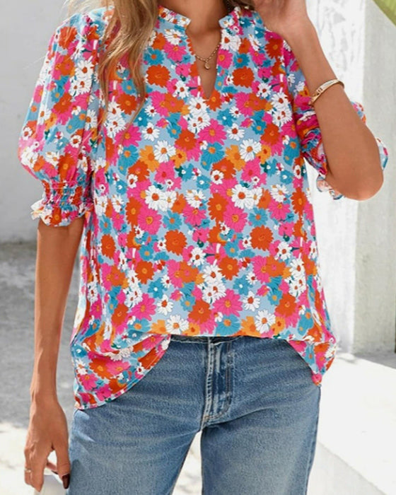 Chemisier Floral Manche Bouffante Courte
