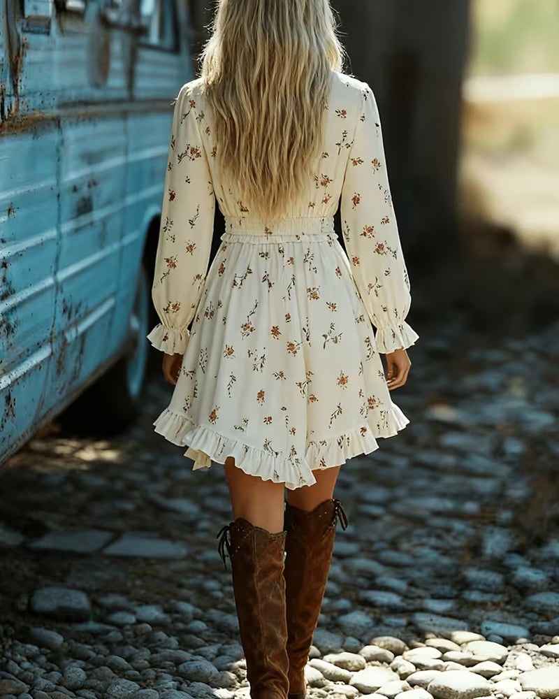 Robe Élégante Manches Longues Fleurie