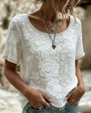 Blouse Col Rond Brodé Dentelle Patchwork