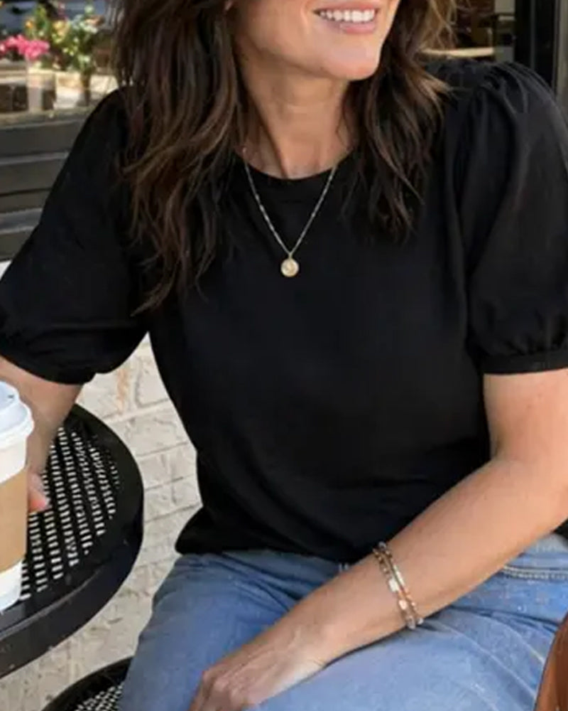 Pull-Over Manche Bouffante Tricoté Manches Courtes