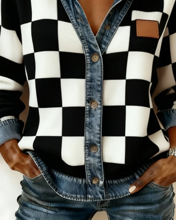 Manteau En Jean À Motif À Carreaux Et Détails Patchwork
