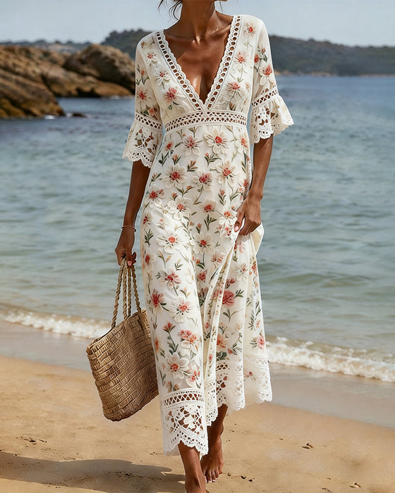 Robe Évidé Patchwork Col V Florale