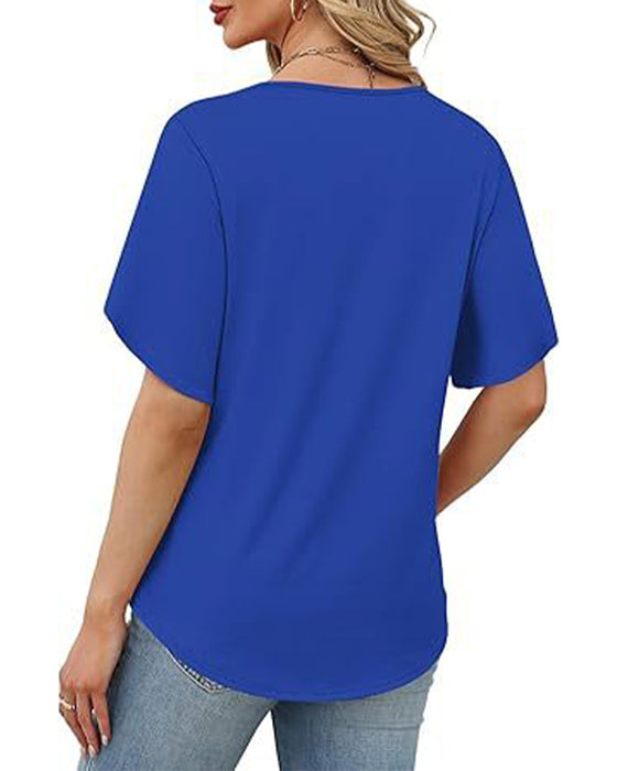T-Shirt Col En V Petite Fente Manches Courtes Unie