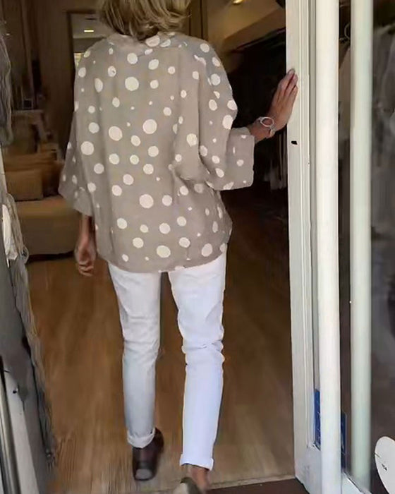Blouse Col En V À Pois Manches Mi-Longues