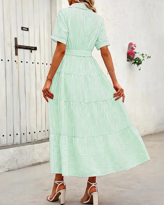 Robe Rayée Cintrée À Volants Chemise Maxi
