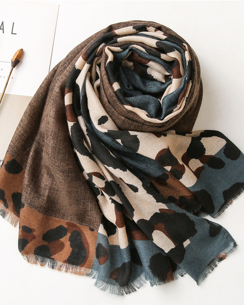 Écharpe Femme Léopard Patchwork Imprimé Franges Châle