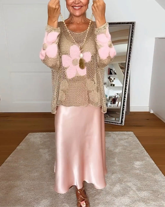 Pull creux décontracté à manches longues et col rond à fleurs