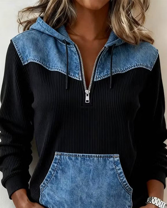 Sweat à Capuche Fermeture Éclair Denim Patchwork