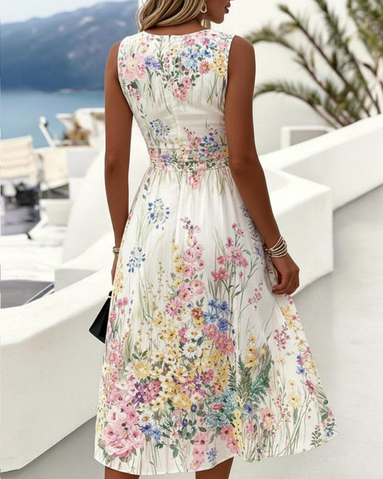 Robe Sans Manches Imprimé Floral Cintrée À La Taille