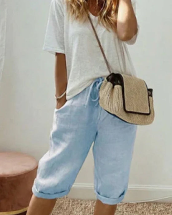 Pantalon confortable avec cordon de serrage de couleur unie