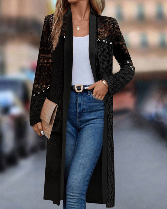 Manteau élégant en dentelle creuse de couleur unie