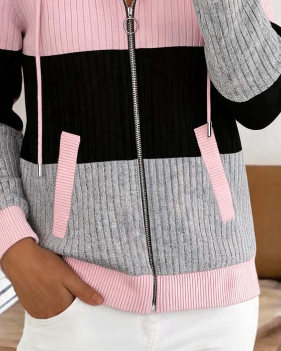 Manteau Capuche Fermeture Éclair Nervuré Bloc De Couleur