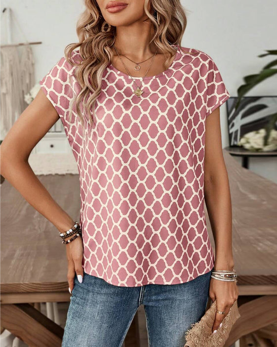 Blouse Col Rond Imprimé Losange Manches Courtes