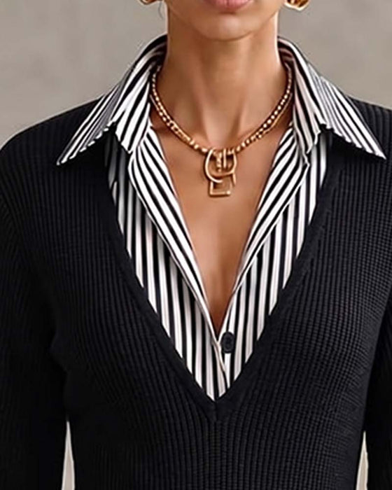 Robe Revers Rayure Manche Longue