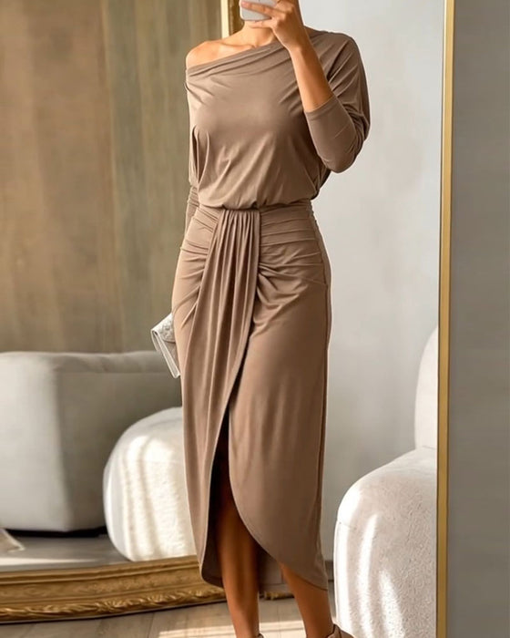 Robe Une Épaule Manches Chauve-Souris Taille Haute Fente