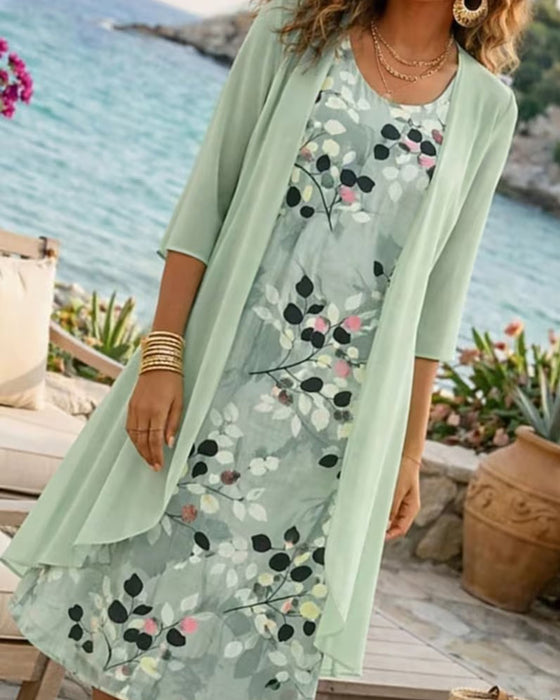 Ensemble Encre Feuille Verte Robe Sans Manches Cache
