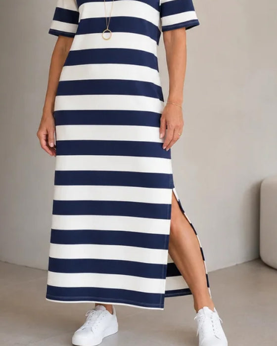 Robe Rayée Manches Courtes Fente Longue T-Shirt