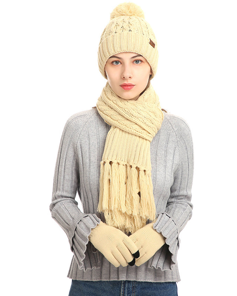 Ensemble Trois Pièces Chapeau Tricoté Laine