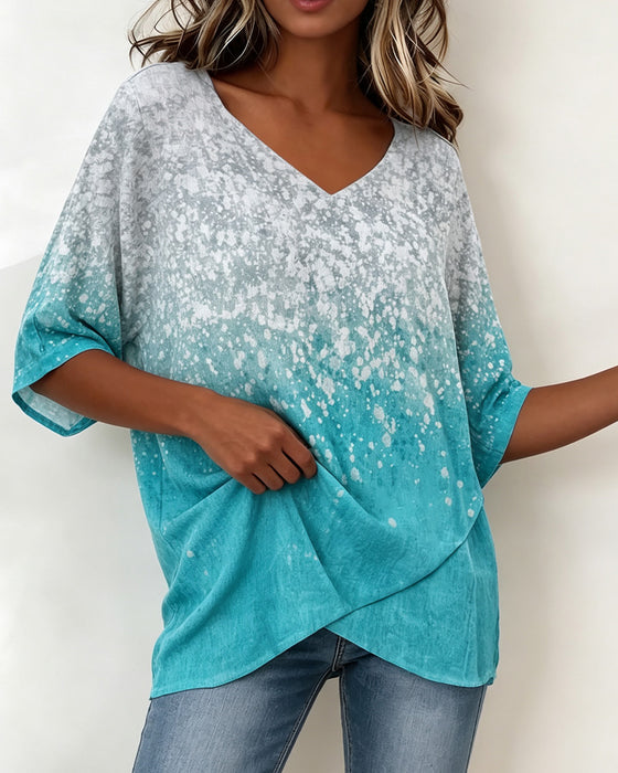 T-Shirt Col V Flocon De Neige Dégradé Ourlet Irrégulier