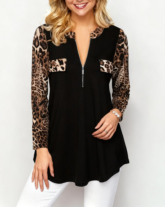 Sweat À Manches Longues À Imprimé Léopard Et Demi-Fermeture Éclair