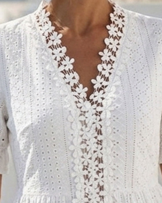 Robe Manches Bouffantes Col V Dentelle Ligne A