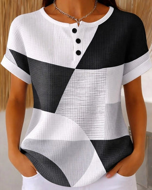 Blouse Col Rond Bouton Bloc De Couleur Gaufré
