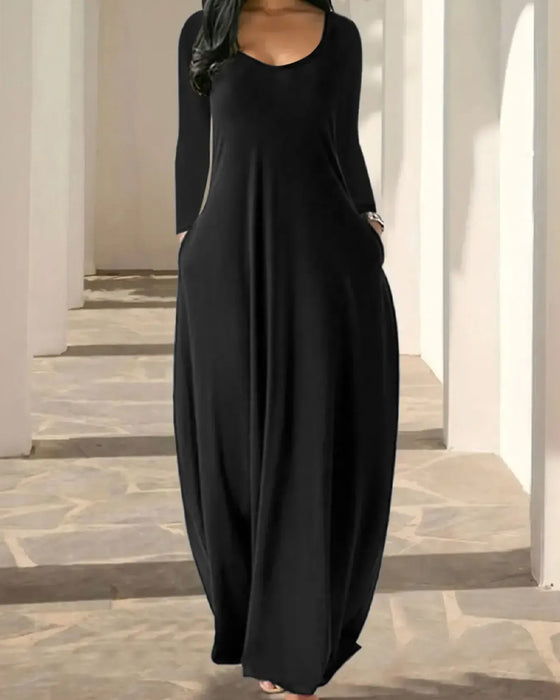 Robe Col-Rond Poche Jupe-Pleine Manche-Longue