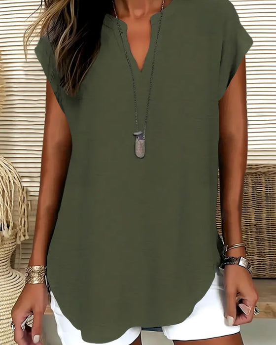 Blouse Décontractée Épaule Descendue Col En V Manches Courtes
