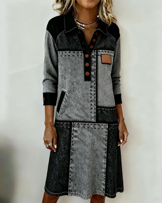 Robe Bouton Revers Col V Bloc de Couleur Tendance